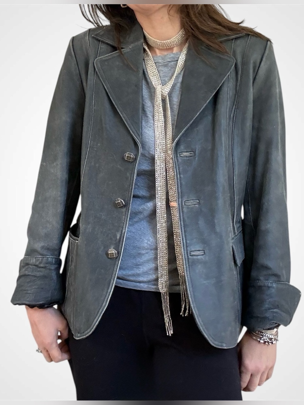 Vintage Washed Leather Blazer Jacket Gray